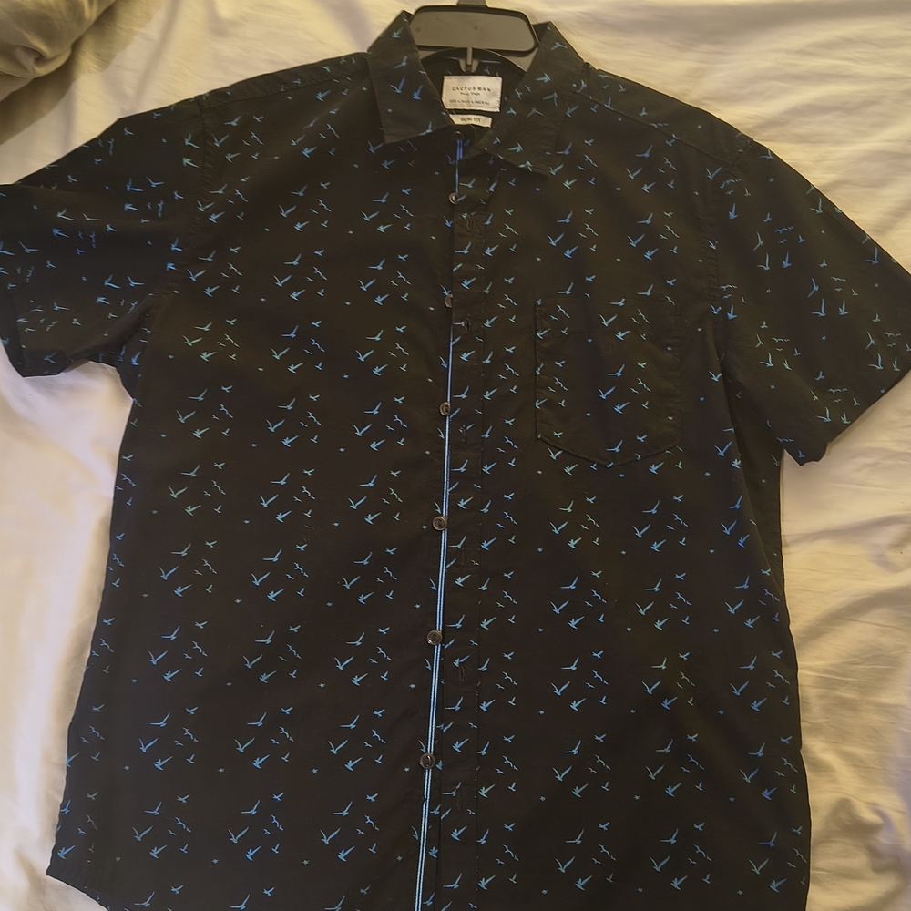 Cactus Men's Black Shirt with Blue Patterns